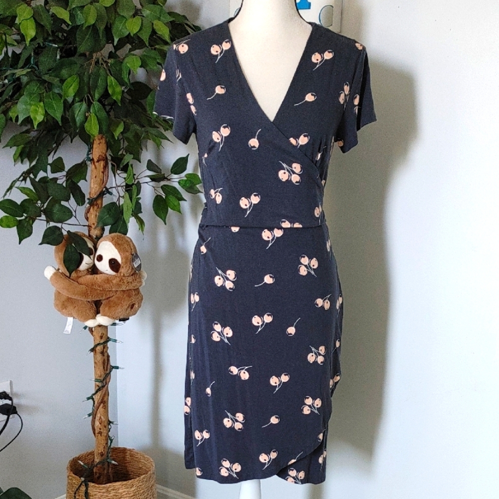 LOFT Navy Cherry Wrap Dress 10